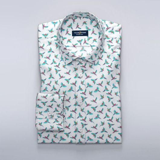 Satengskjorte med turkist fugleprint