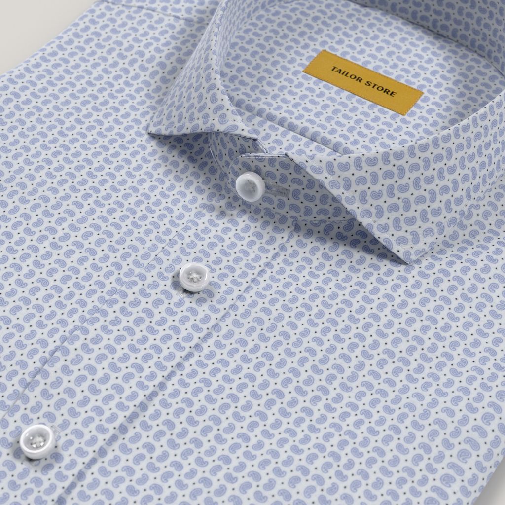 Chemise sur mesure en coton bleu clair à motif cachemire pour homme 
