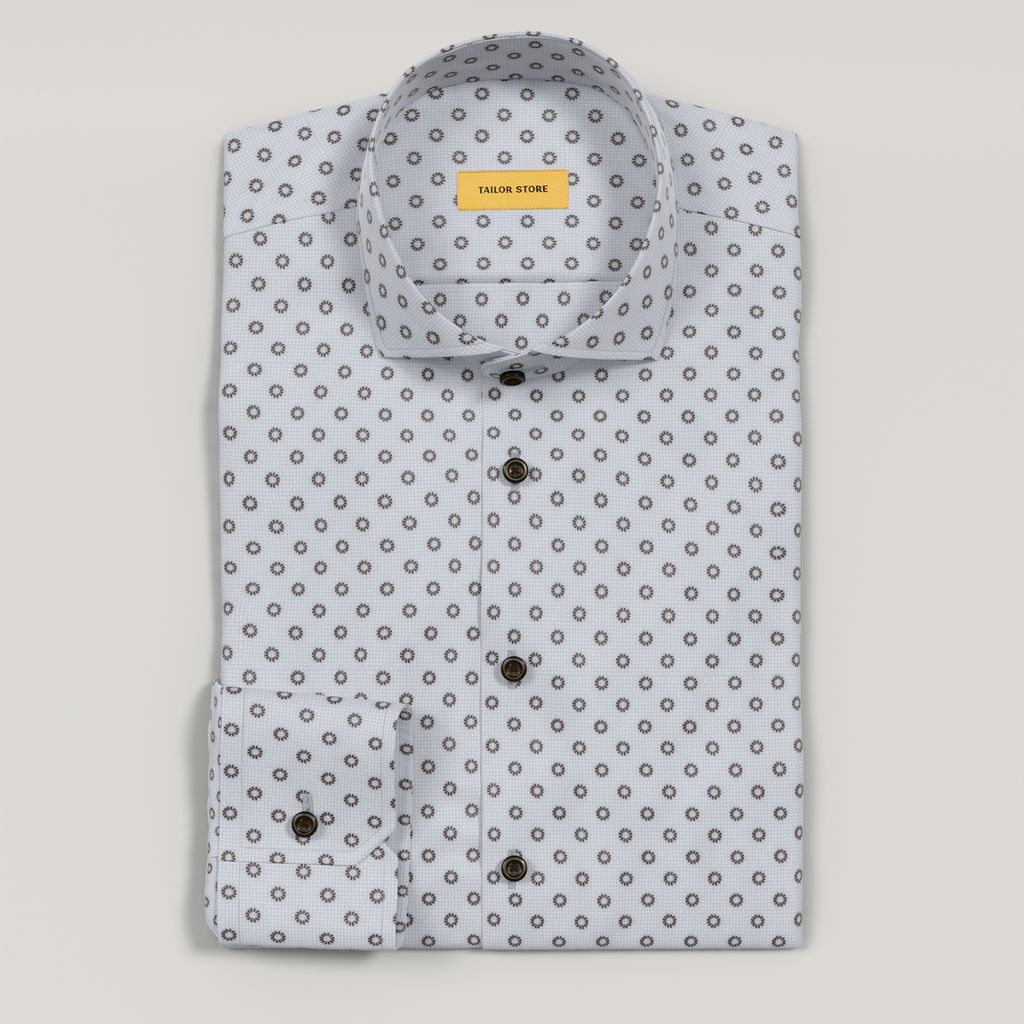 Men’s Custom Satin Cotton Shirt in Light Blue and Brown Print 