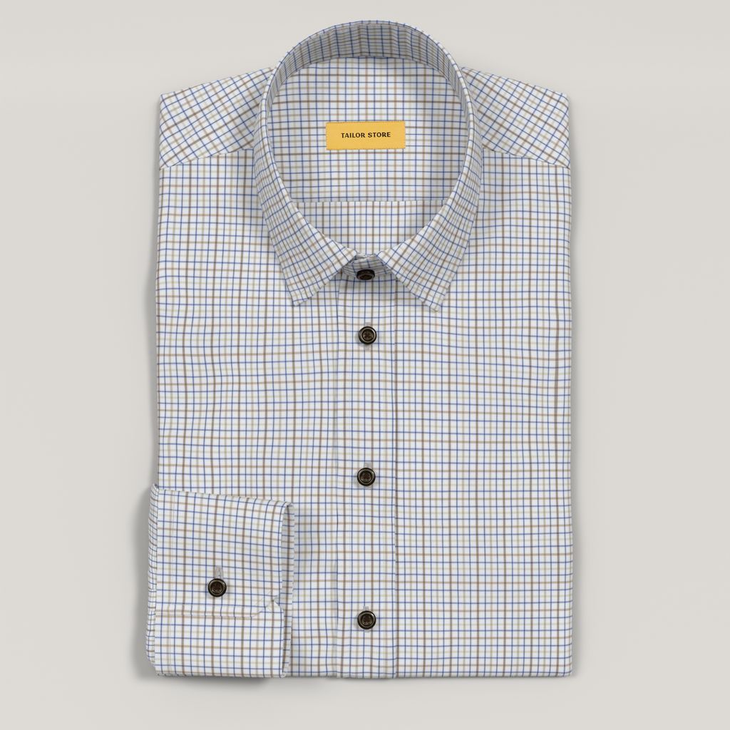 Men’s Custom Beige and Blue Checked Cotton Shirt