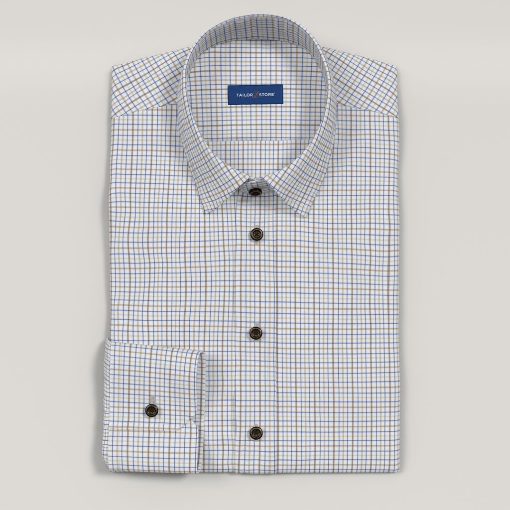 Men’s Custom Beige and Blue Checked Cotton Shirt