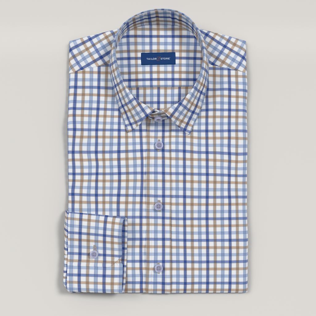 Camisa de hombre a medida en algodón a cuadros beige y azul