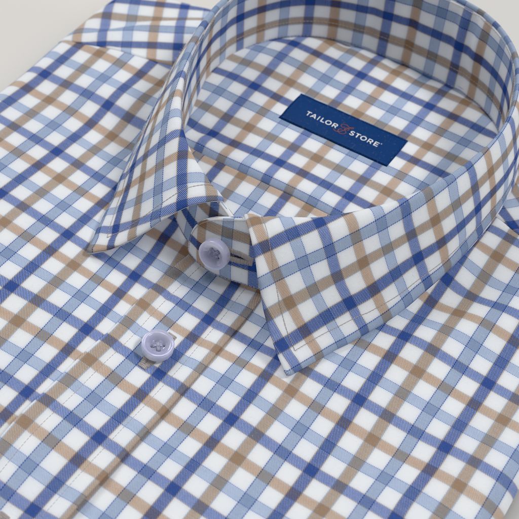 Men’s Custom Beige and Blue Checked Cotton Shirt 