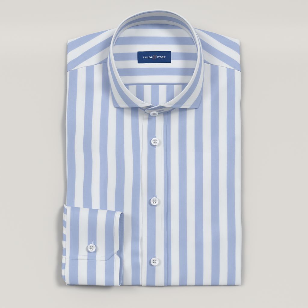 Chemise en coton satiné rayée bleu clair et blanc pour homme, sur mesure 