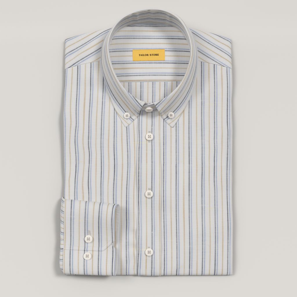 Chemise en lin mélangé à rayures bleues et marron