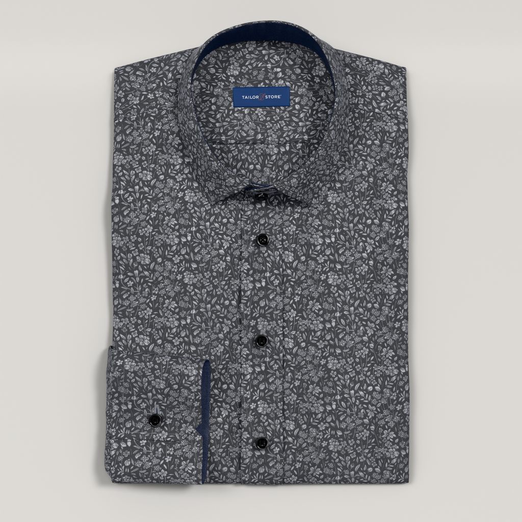 Marineblaues Popeline-Hemd mit Blumenmuster und marineblauen Kontrastdetails