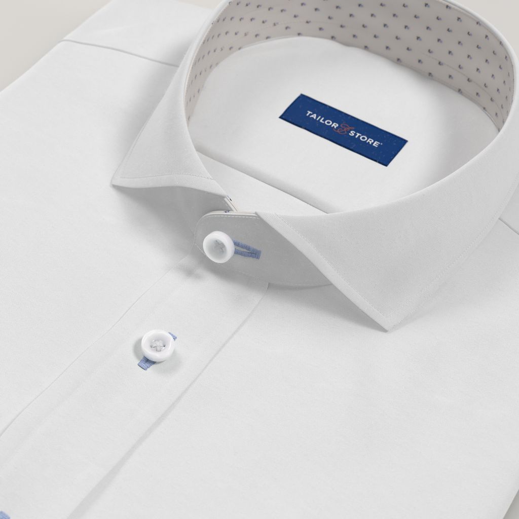 White satin weave dress shirt with blue floral contrast