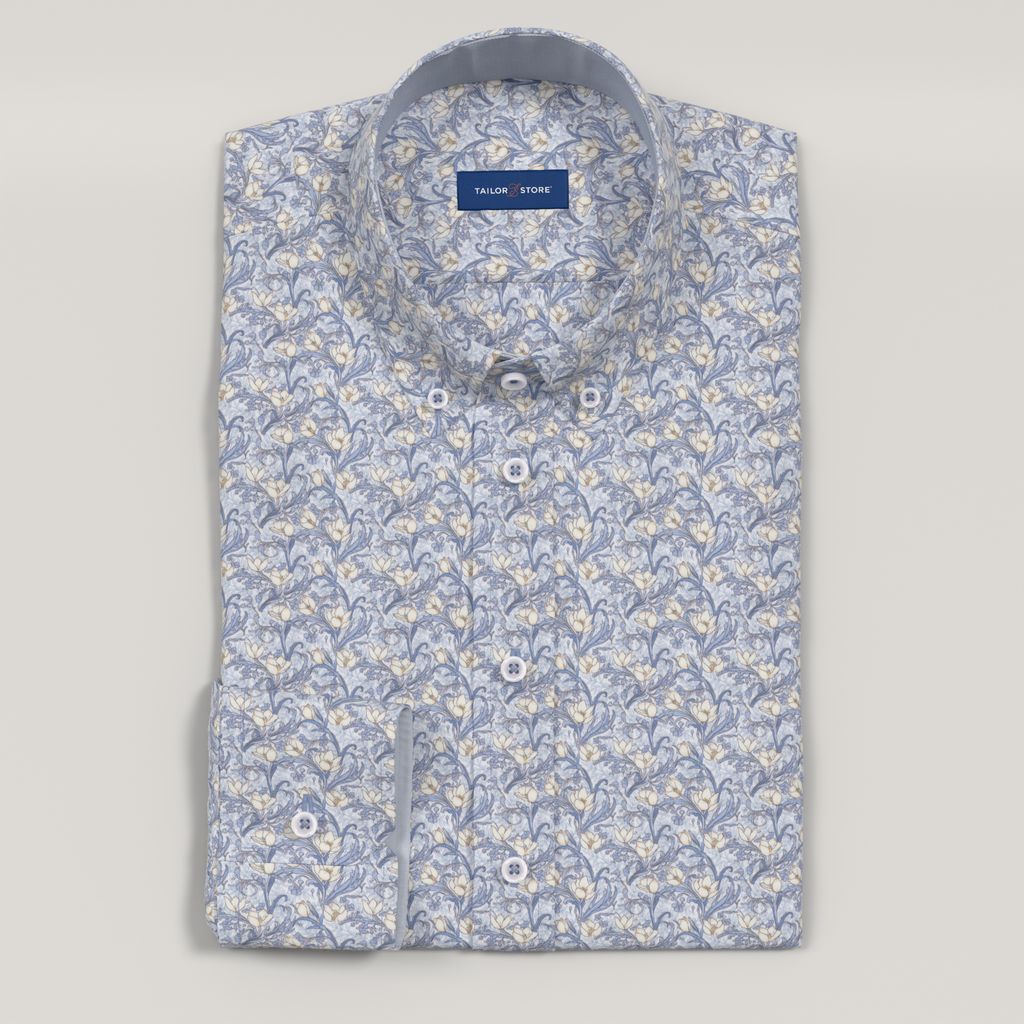 Blaues Hemd aus Satin mit Blumenmuster und hellblauen Kontrastakzenten