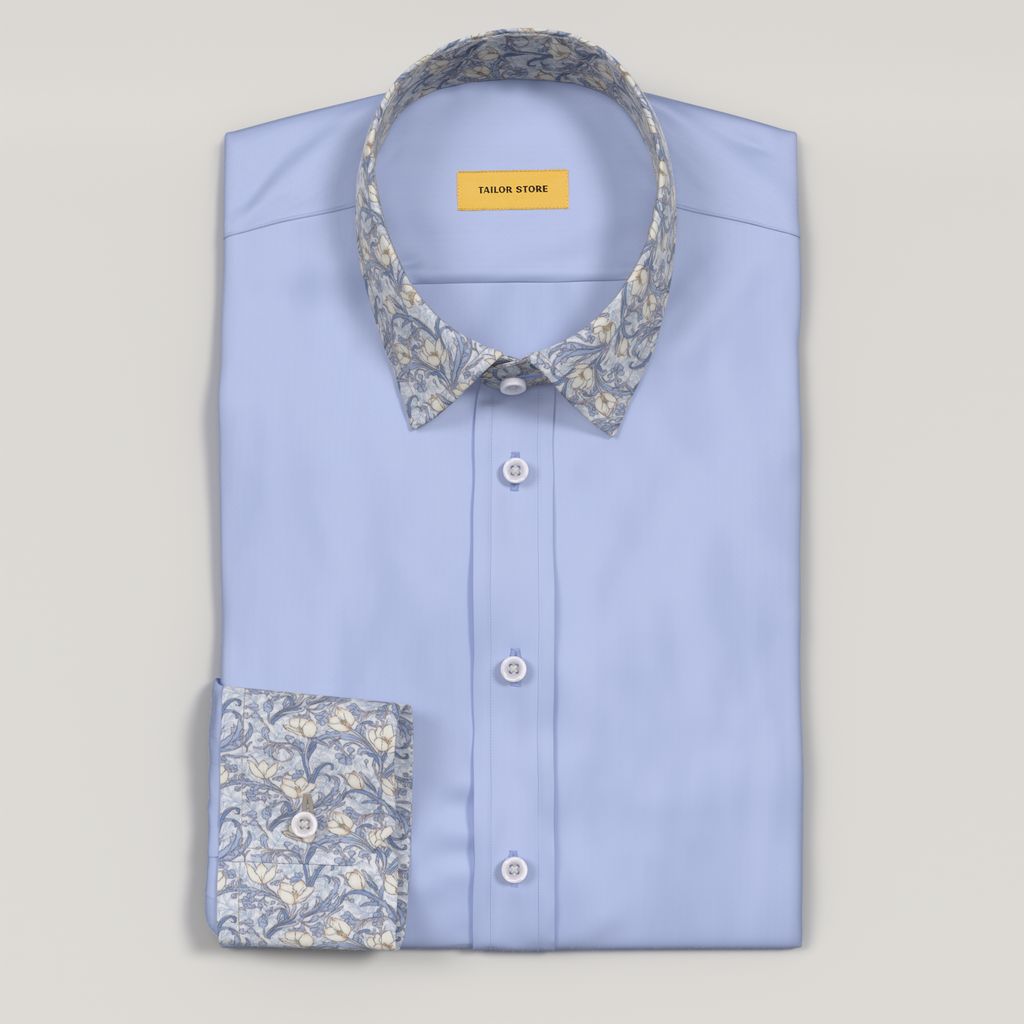 Blue satin easy iron dress shirt with blue floral contrast