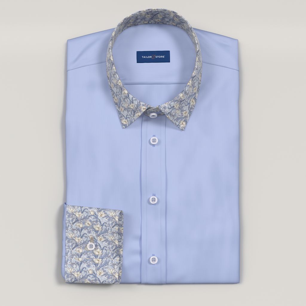 Blue satin easy iron custom-made dress shirt with blue floral contrast