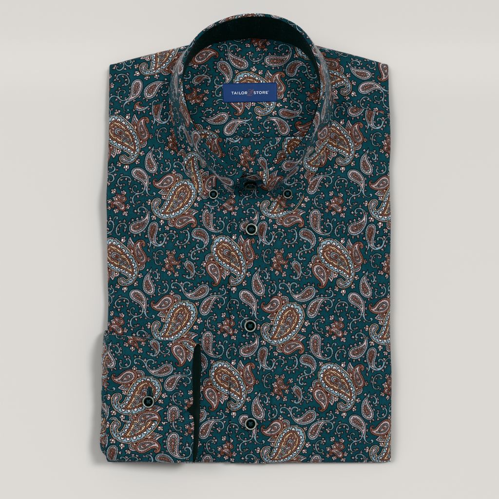 Green paisley poplin dress shirt with dark green contrast