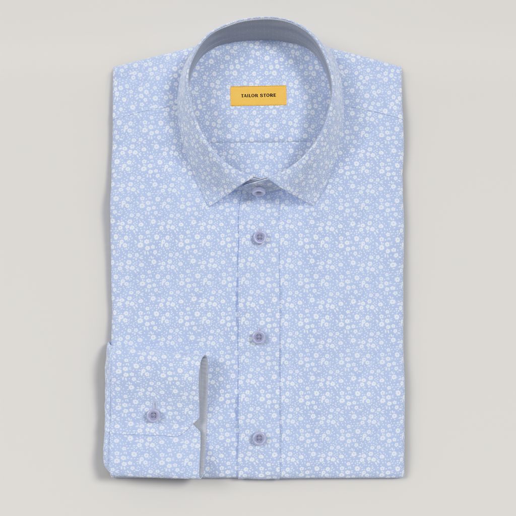 Ljusblå skräddarsydd skjorta med blommönster och ljusblå kontrast
