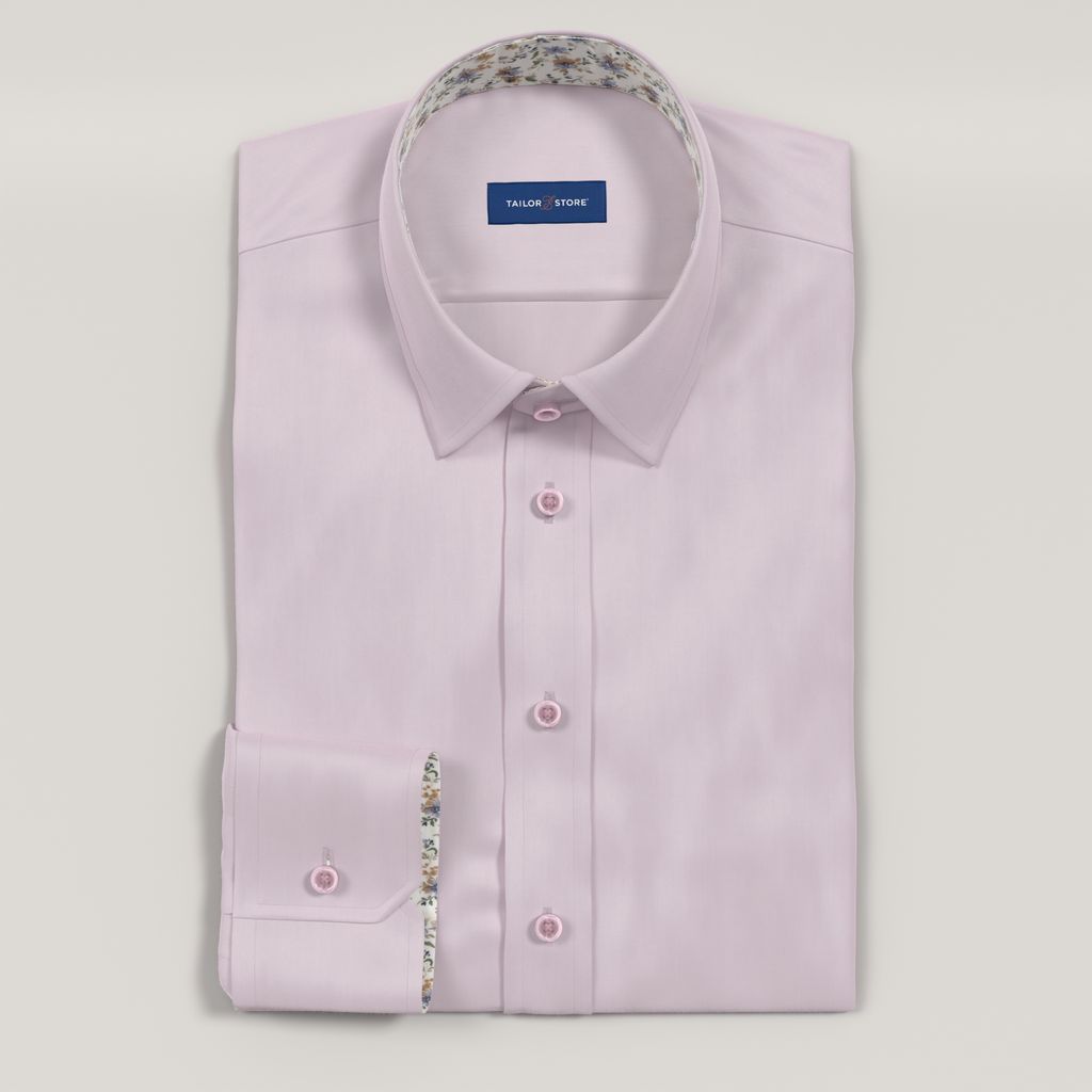 Pink satin weave dress shirt with purple floral contrast