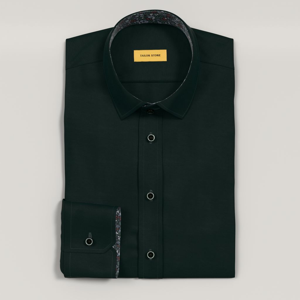 Dark green satin weave dress shirt with green floral contrast