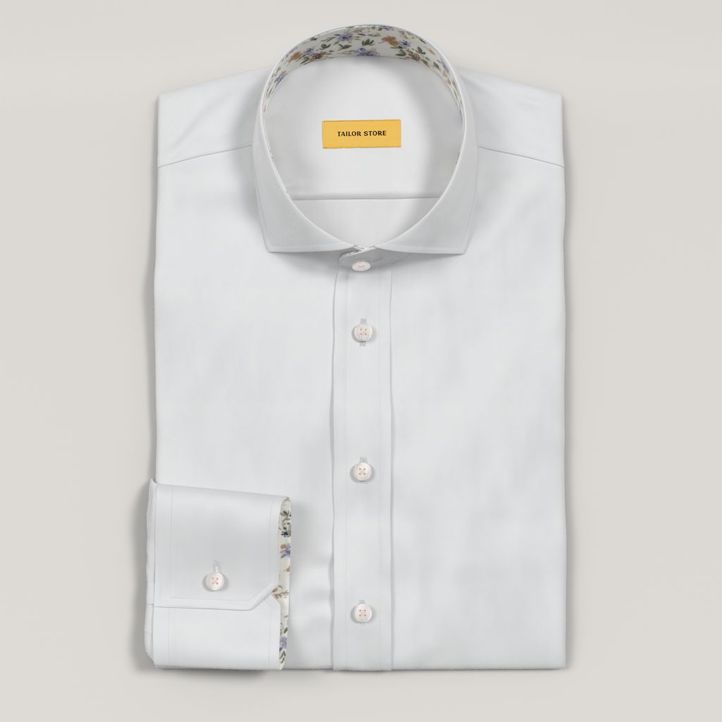 White twill dress shirt with purple floral contrast