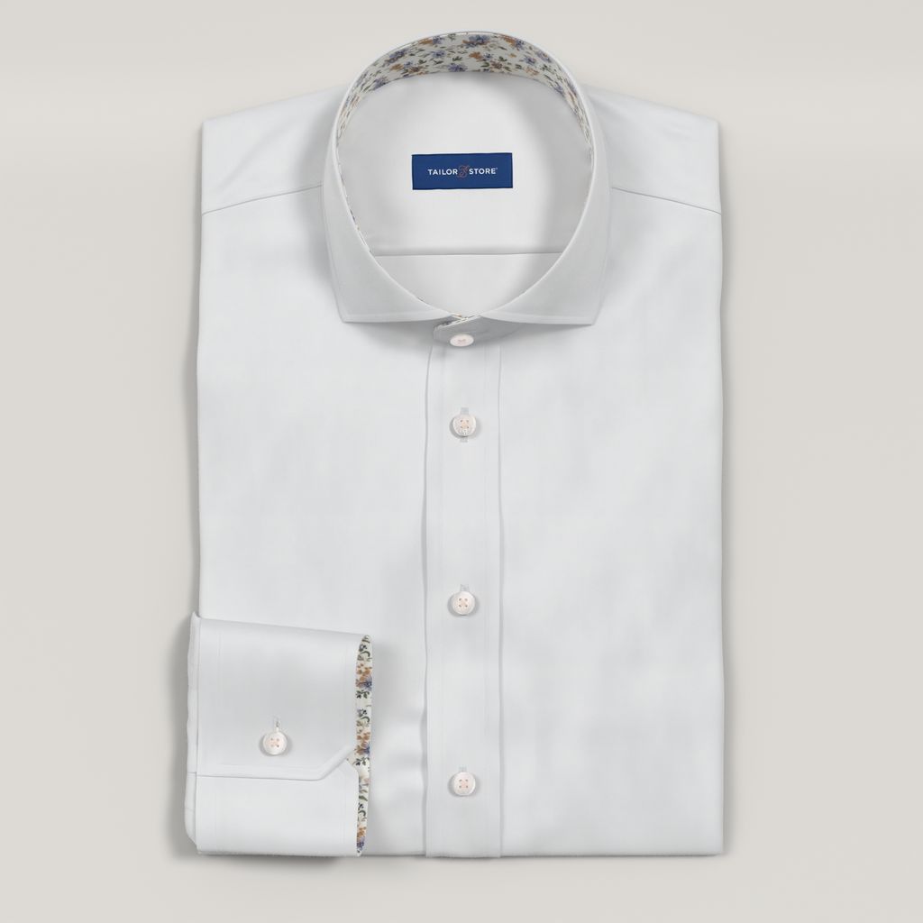 White twill dress shirt with purple floral contrast