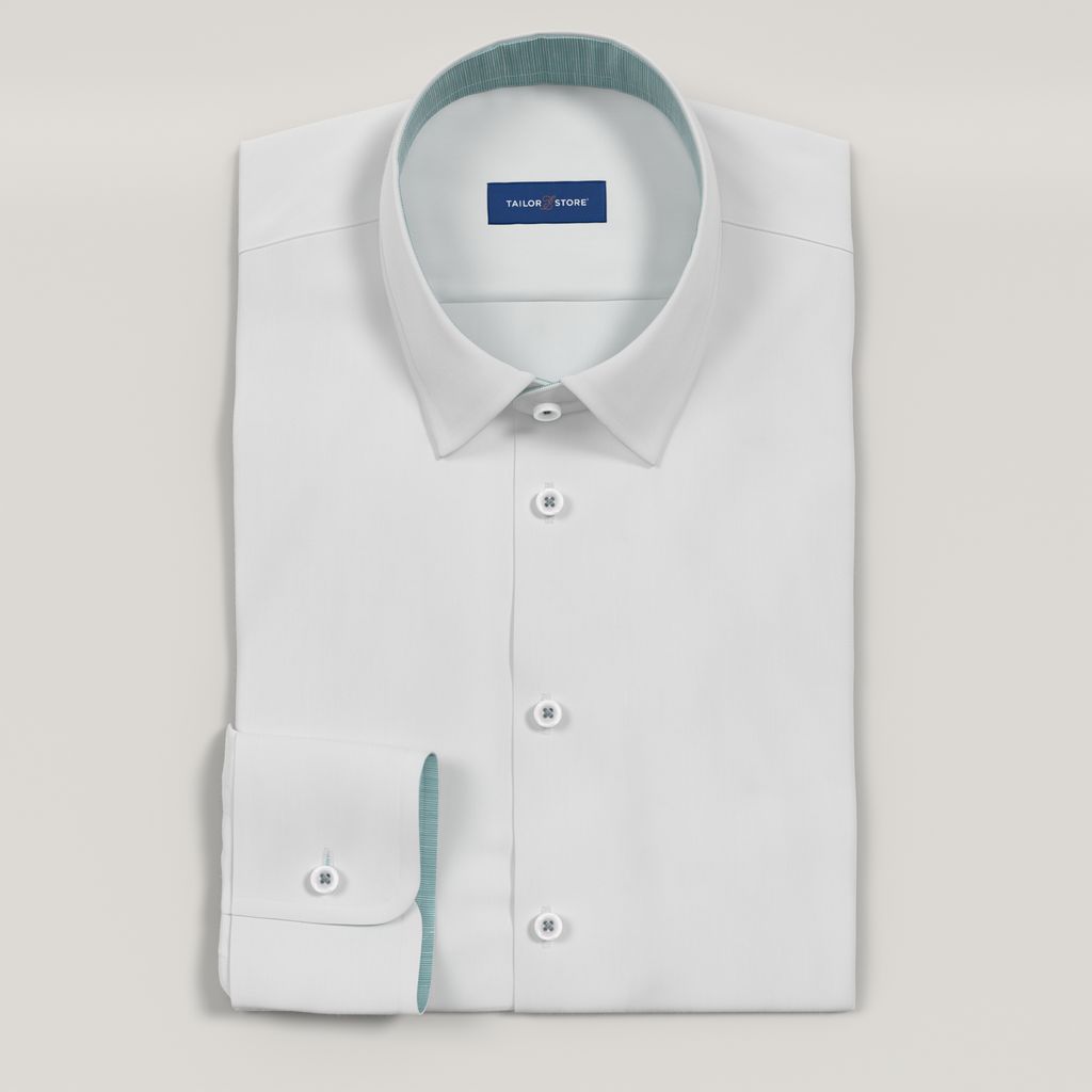 White poplin dress shirt with teal linen blend contrast