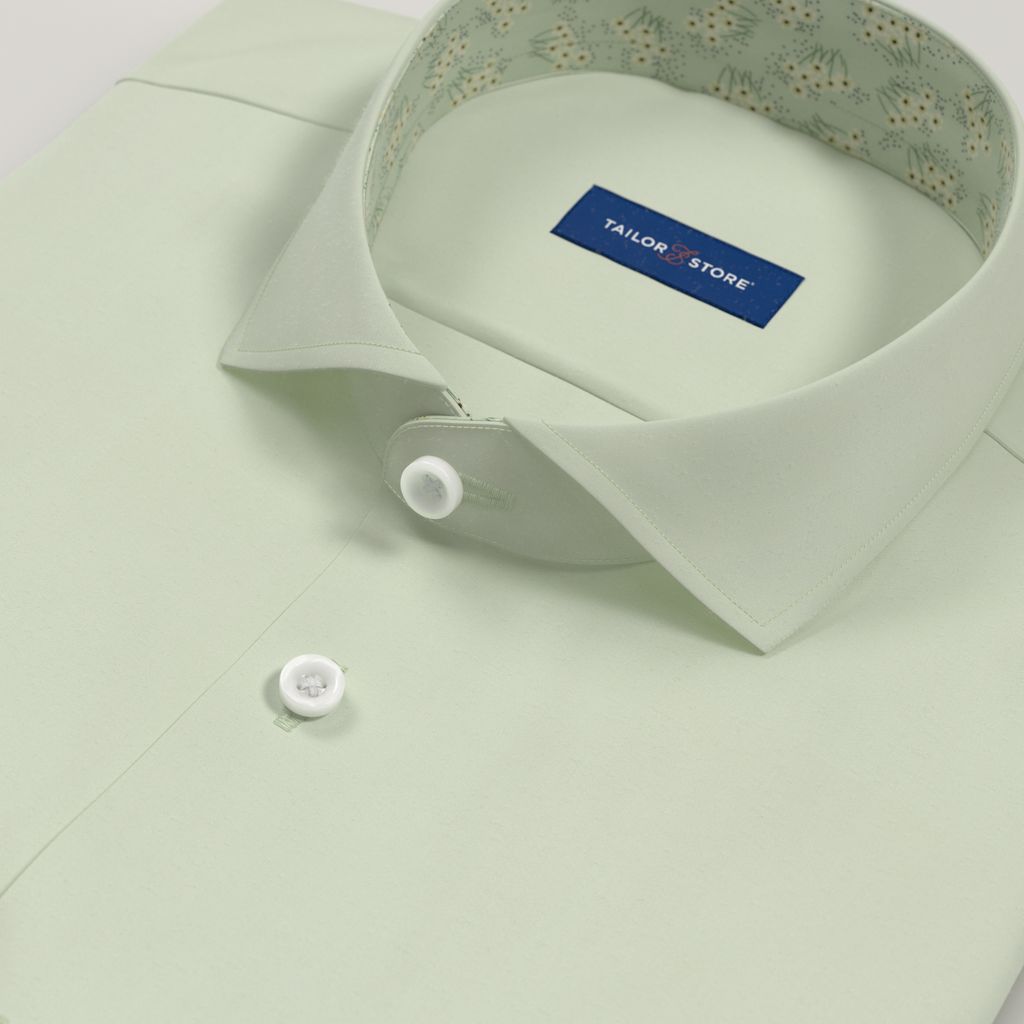Mint green satin weave dress shirt with light green floral contrast