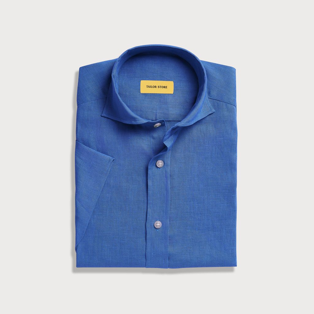 Royal blue short-sleeved linen shirt