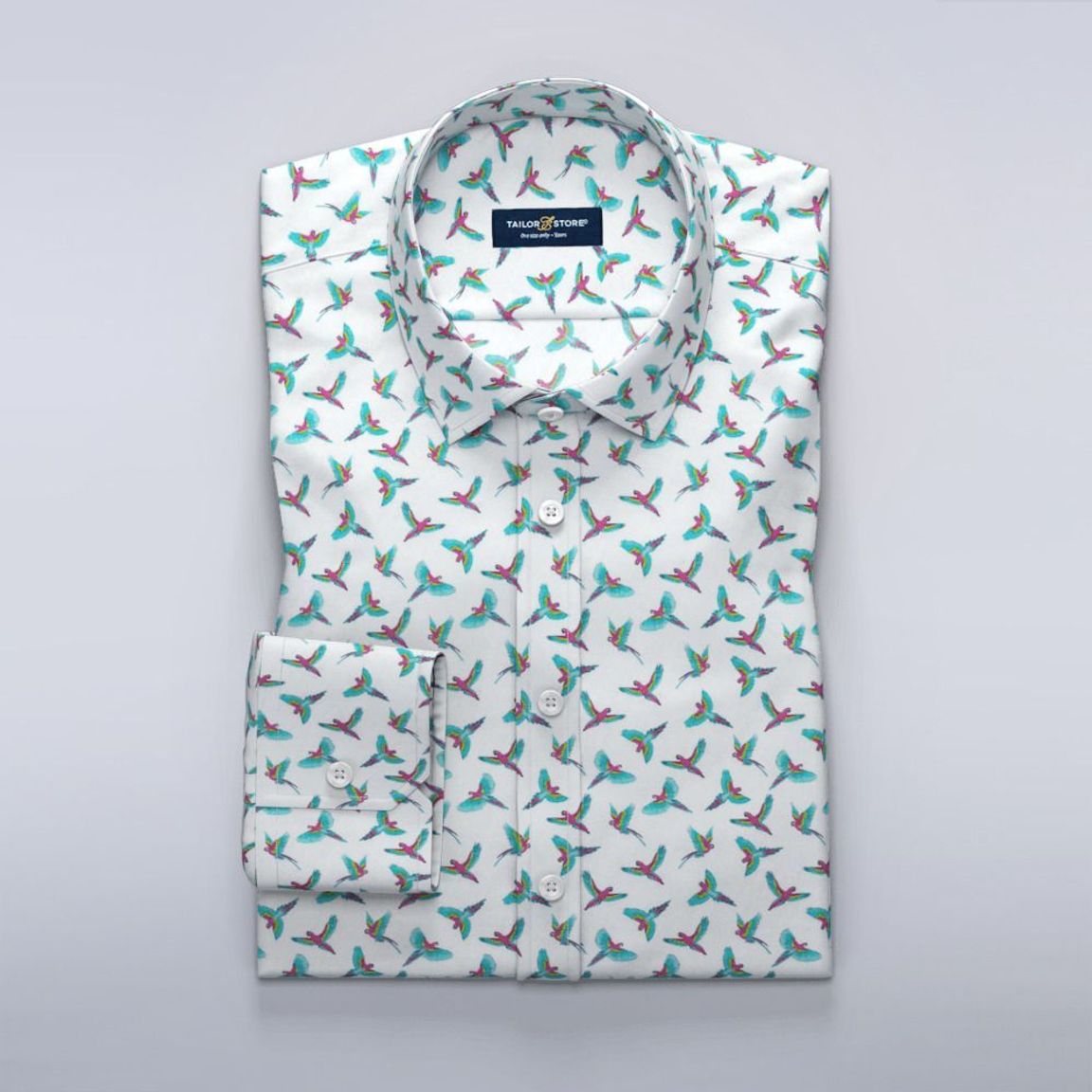 Satengskjorte med turkist fugleprint