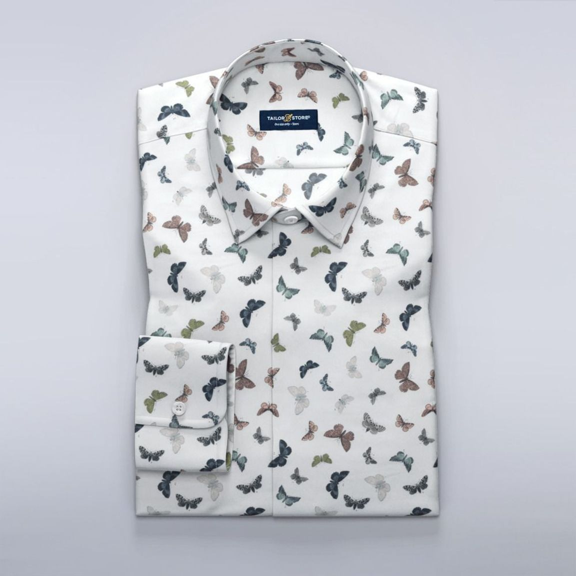 Satin shirt with colorful butterfly print