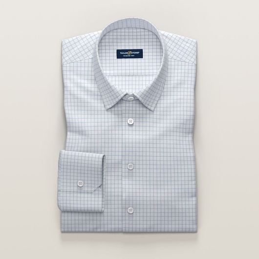 Business-skjorte til kvinder i ternet lyseblå og hvid twill