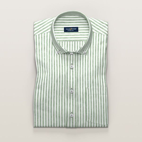 Green striped short-sleeved linen shirt