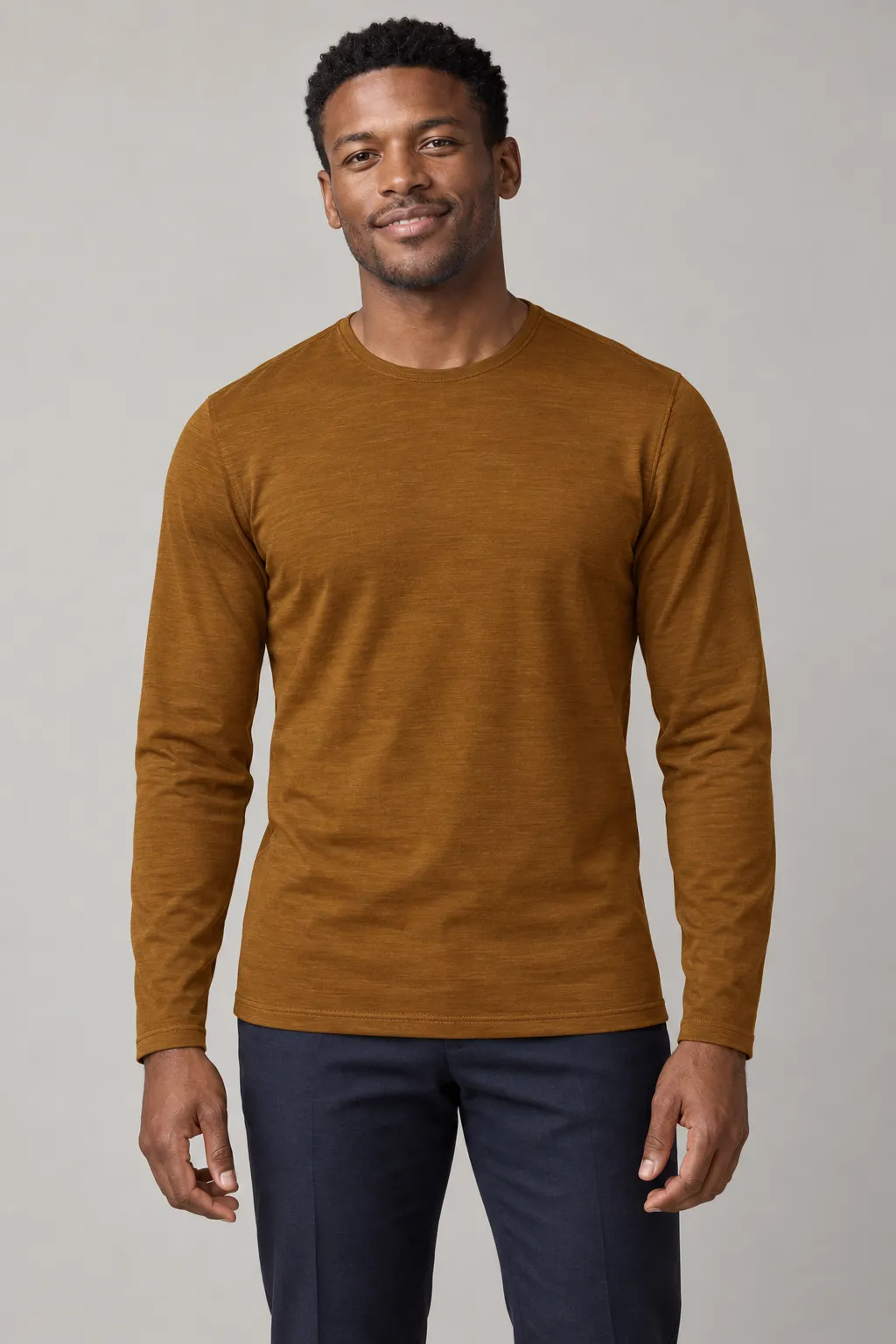 Mørk kamel langærmet t-shirt i merinould