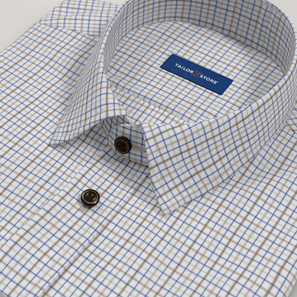 Men’s Custom Beige and Blue Checked Cotton Shirt