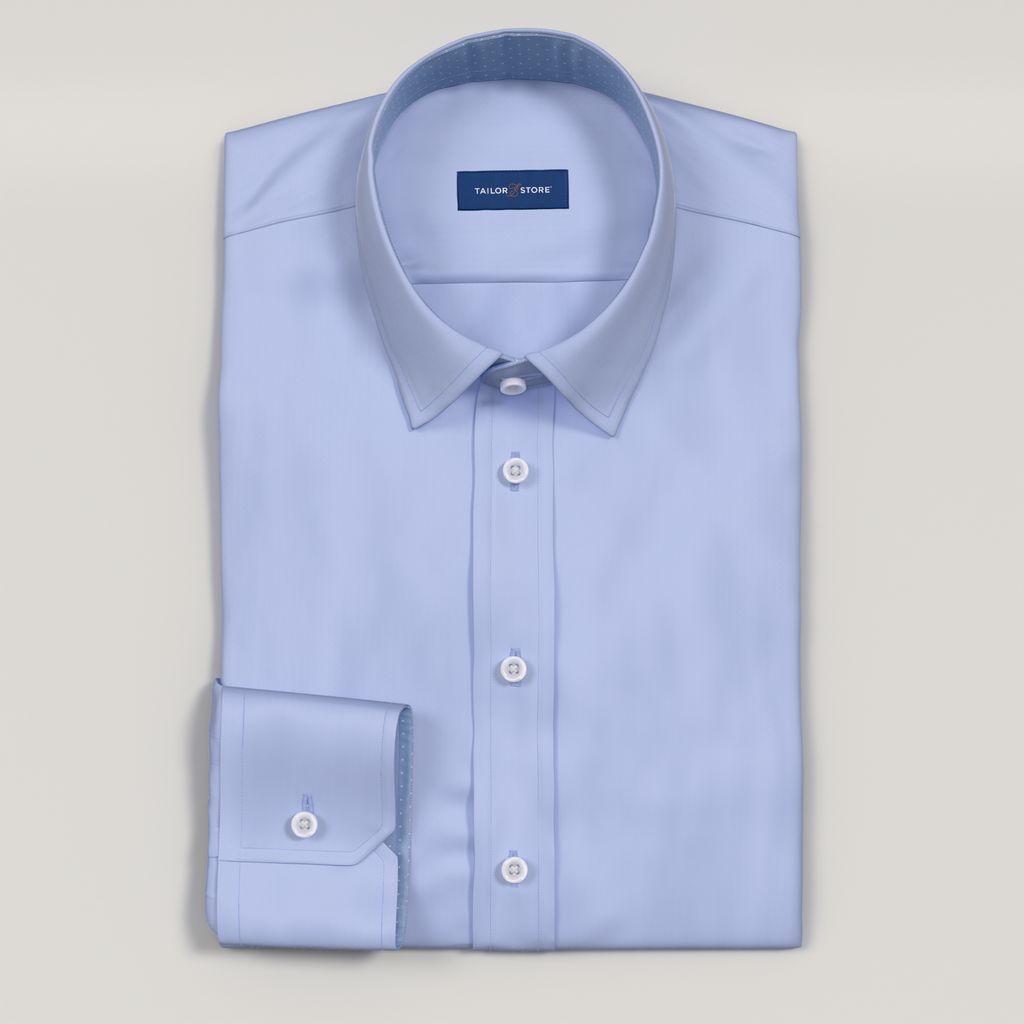 Blue satin weave dress shirt with light blue dotted contrast