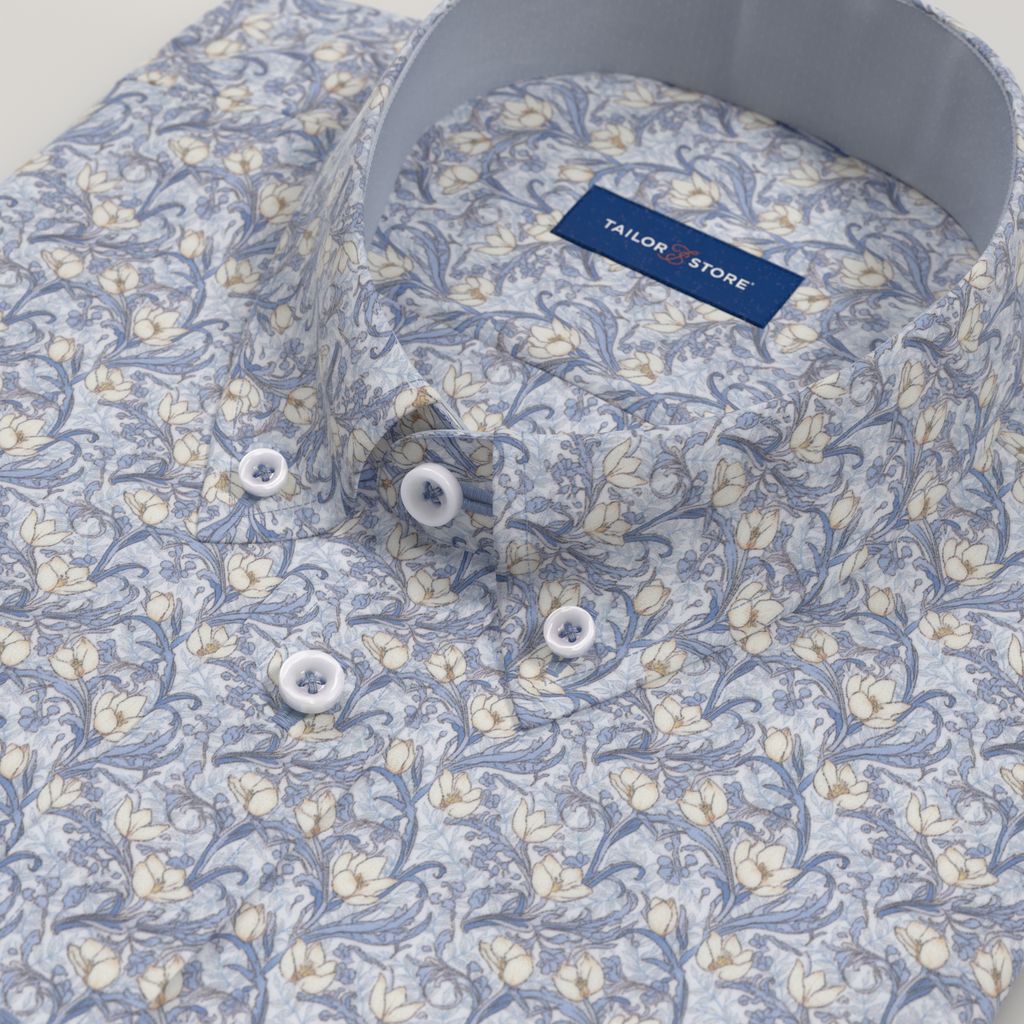 Blue floral sateen weave dress shirt with light blue contrast