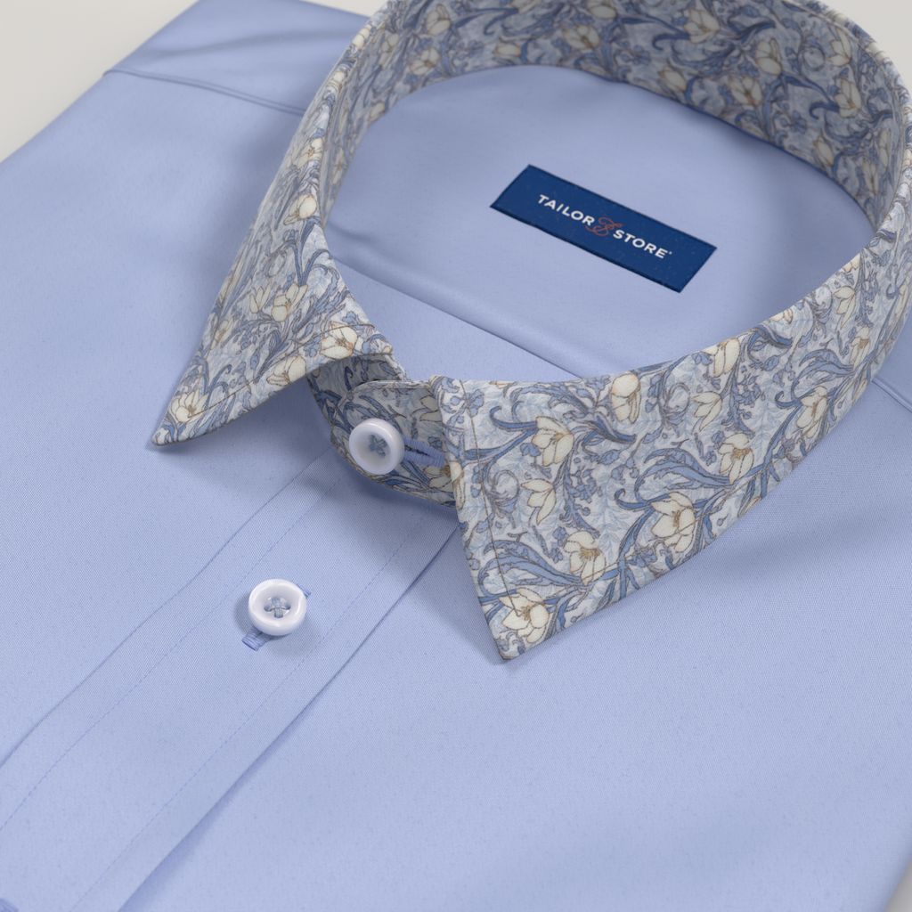 Blue satin easy iron custom-made dress shirt with blue floral contrast