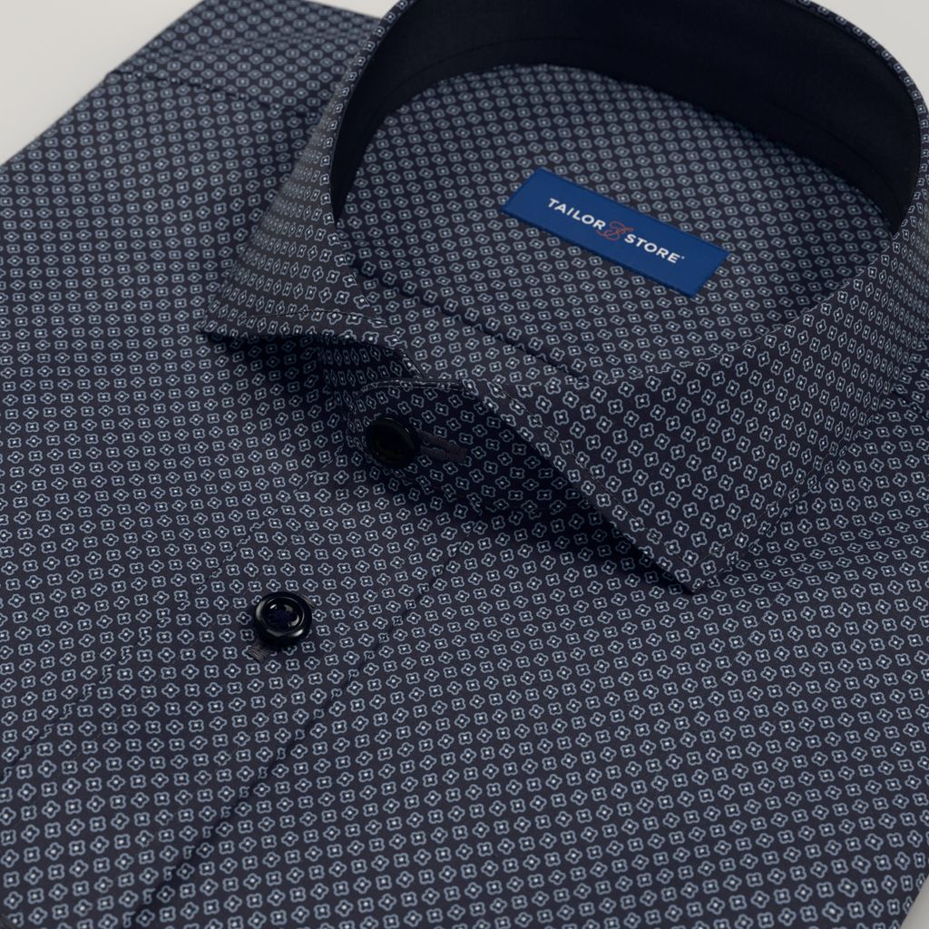 Navy patterned dress shirt with plain navy contrast
