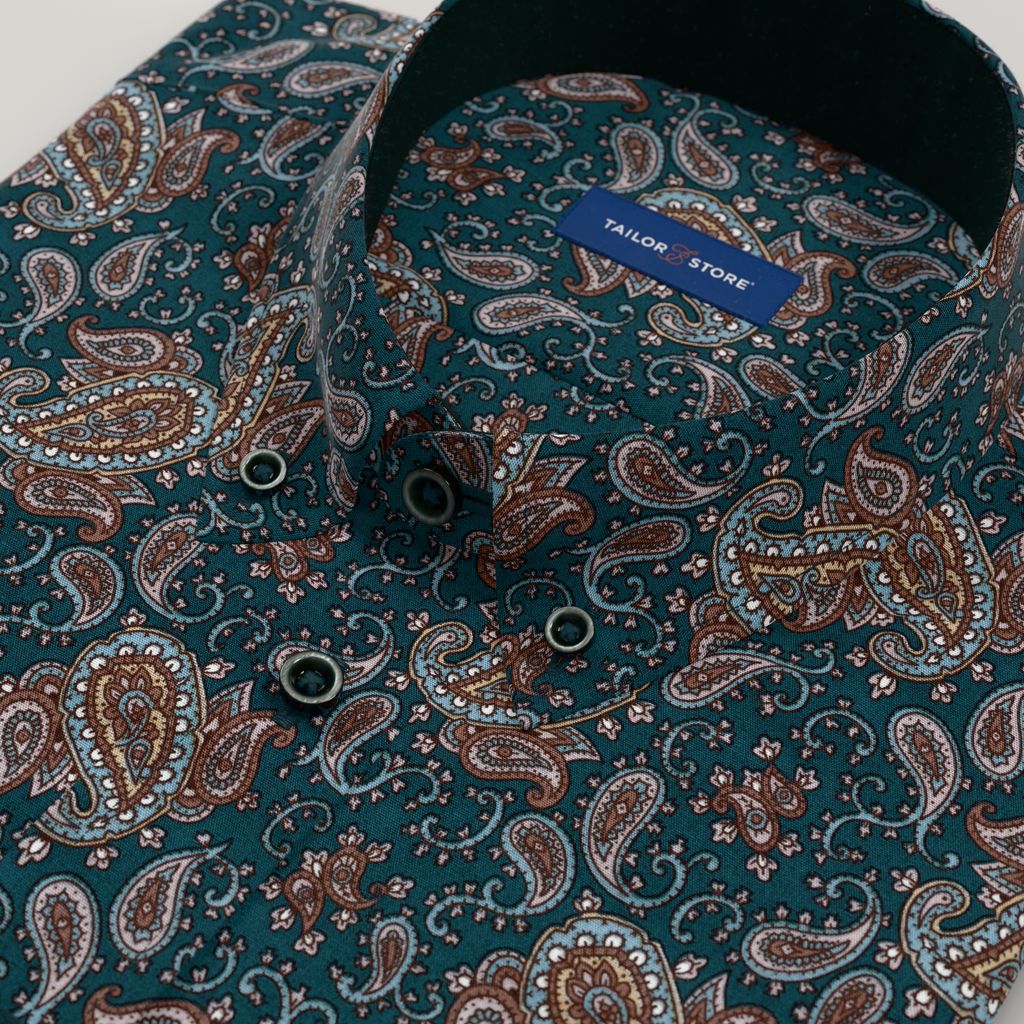 Camicia in popeline paisley verde con contrasto verde scuro