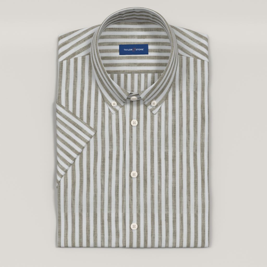 Striped olive green short sleeved linen shirt