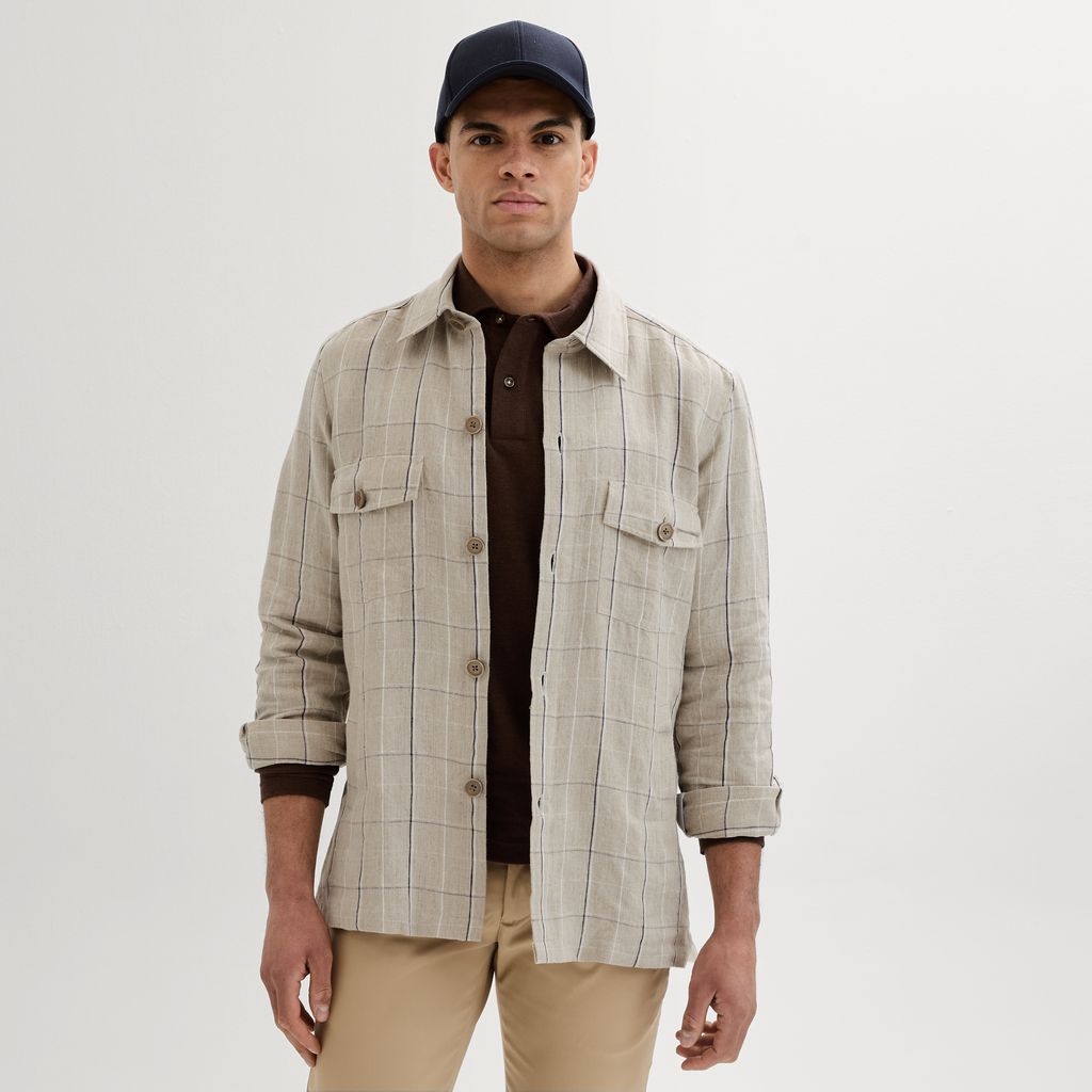 Beige shacket with navy checkered pattern