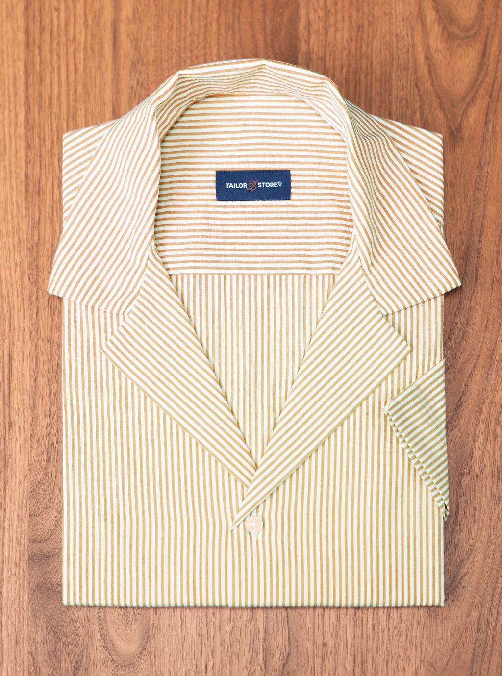 Mustard striped seersucker custom-made resort shirt